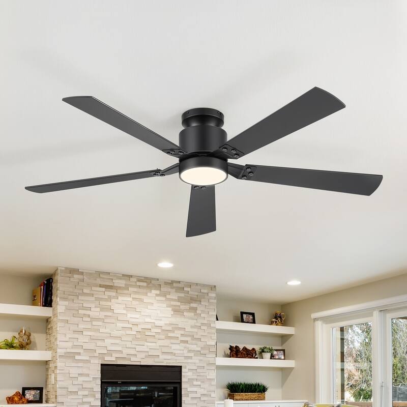 52-Inch Matte Black Flush Mount Ceiling Fan with RGB LED Light and Remote