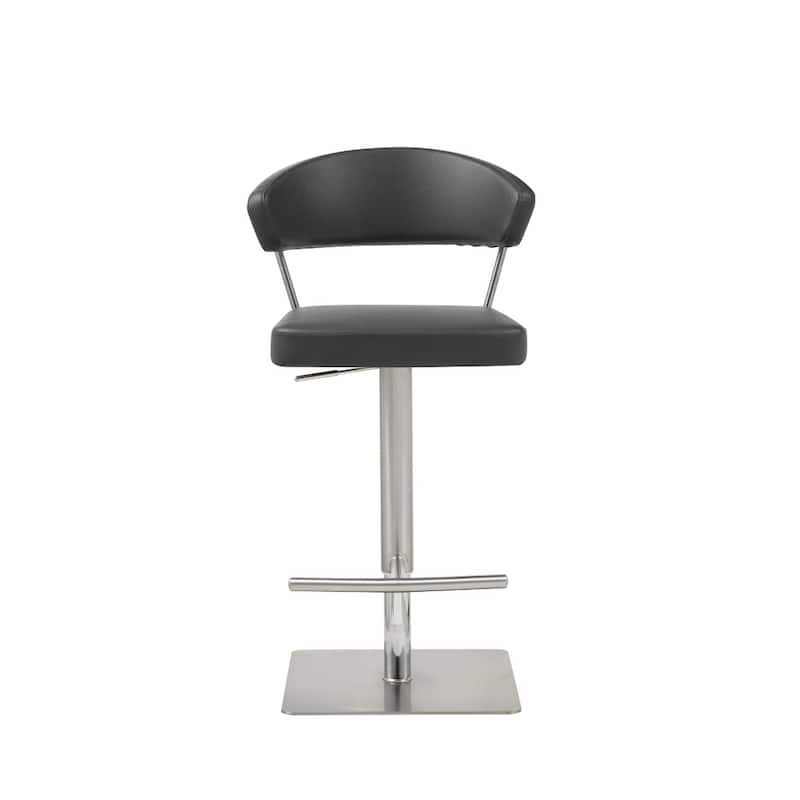 Black Faux Leather Bucket Bar Stool with Silver Stainless Steel Pedestal, Adjustable Height - 22” x 20” x 34” (D x W x H)