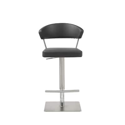 Black Faux Leather Bucket Bar Stool with Silver Stainless Steel Pedestal, Adjustable Height - 22” x 20” x 34” (D x W x H)