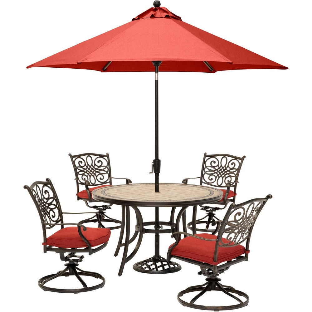Hanoverhanover Monaco 5 Piece Dining Set In Red With 4 Cushioned Dining Chairs A 51 In Tile Top Table And A 9 Ft Table Umbrella Red 5 Piece Sets Dailymail