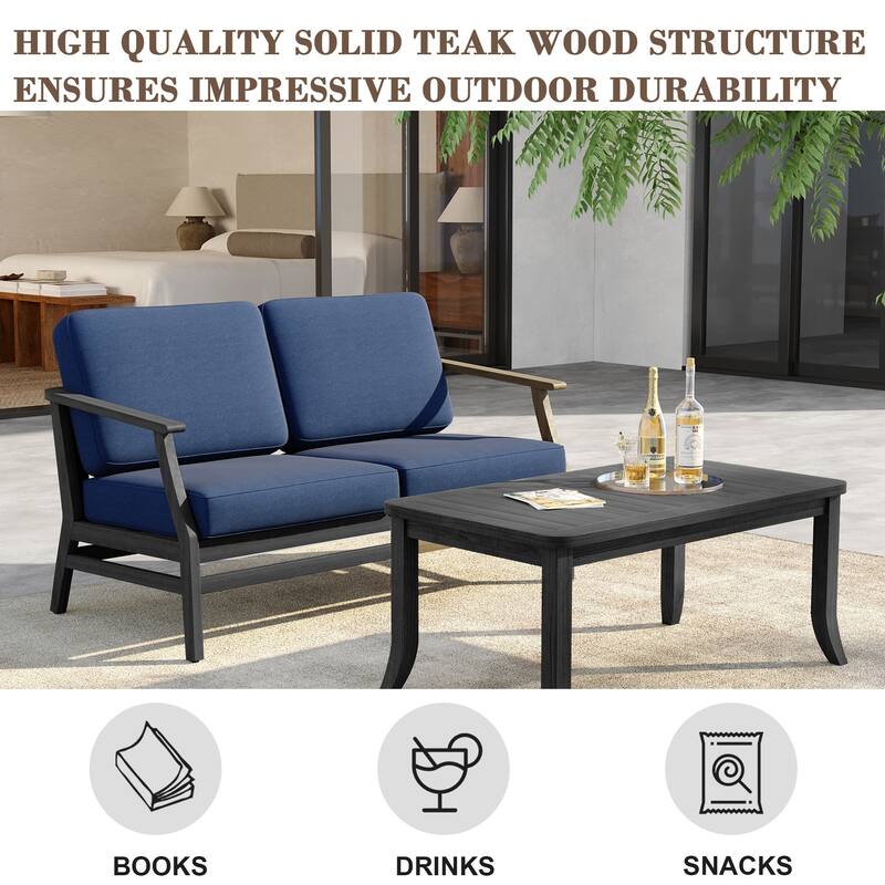 Outdoor Loveseat Sofa with Coffee Table Teak Wood Patio Furniture