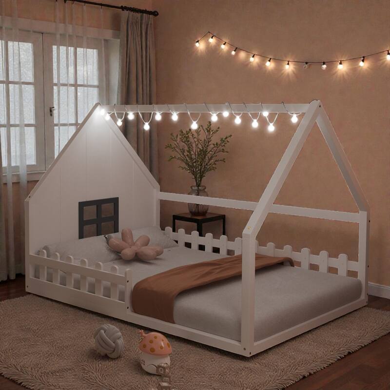 Full Size Wood House Bed with Window, Fence and LED Lights, Rustic Kids Floor Bed Frame
