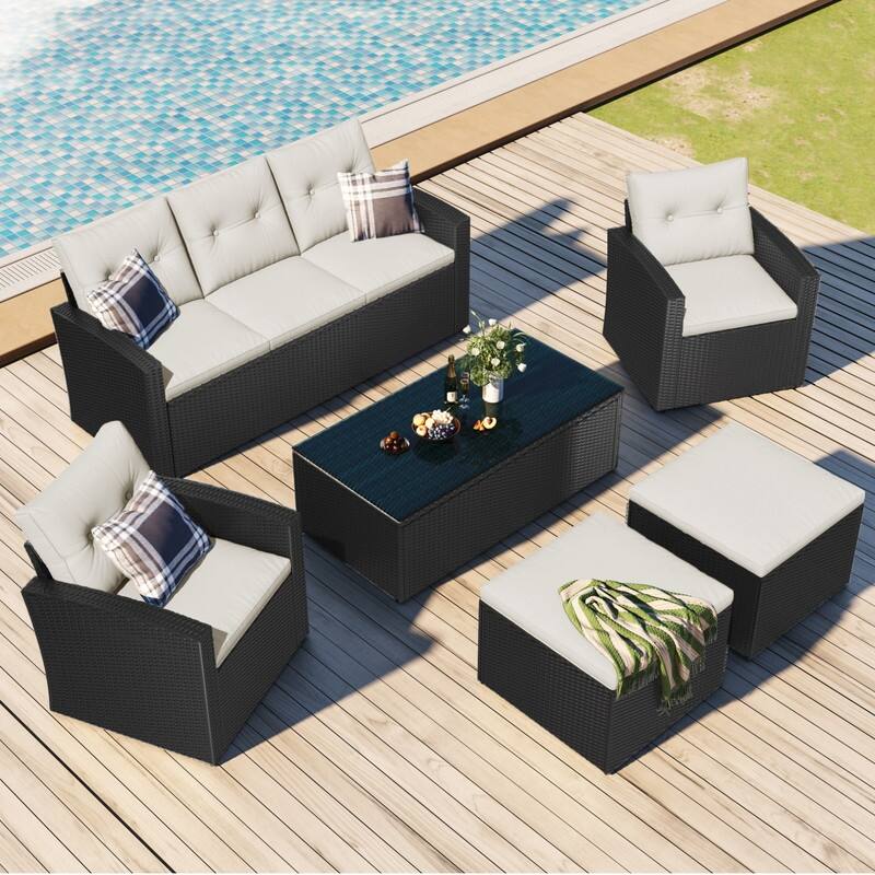 6-piece Patio Furniture Wicker Rattan Conversation Sectional Set with Table