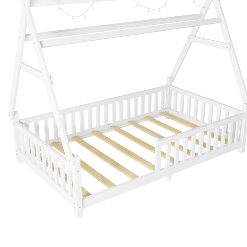 House Bed with Light, Low Toddler Floor Bed House-shaped Roof Frame with Fence and Roof for Kids Boys Girls