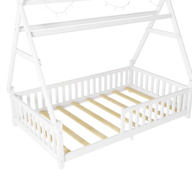 Twin House Bed with Light, Low Floor House Bed with Fence & Roof for Kids Boys Girls - White
