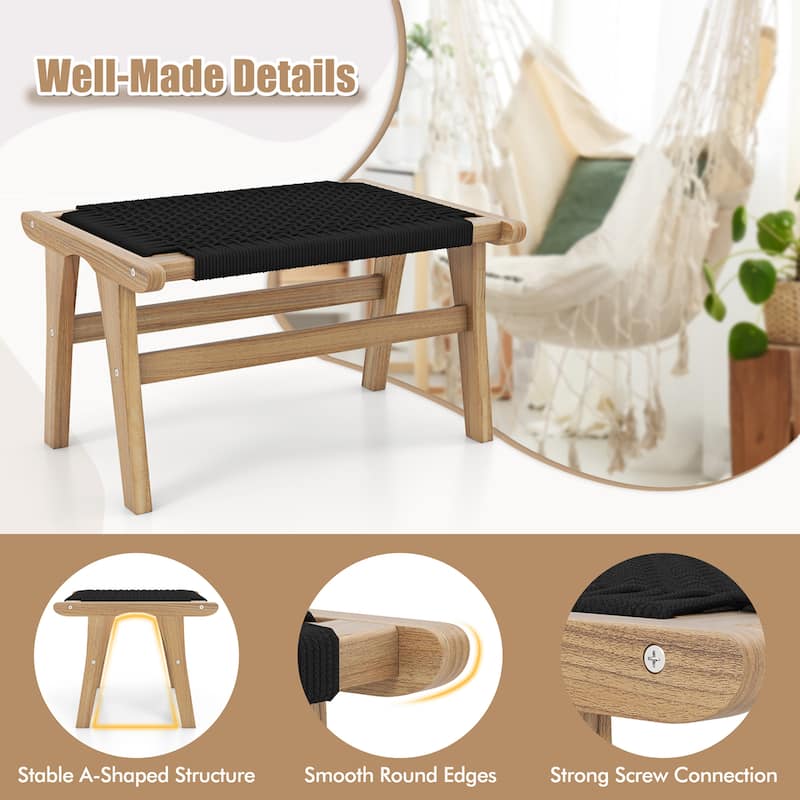 Gymax 2PCS Teak Ottoman Footstool w/ Handwoven Cordage for Patio Porch
