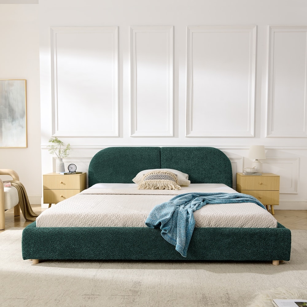 Fabric Upholstered Bed Frame Modern American Platform Bed Frame with Curved Headboard/Sturdy Legs Support/No Box Spring Needed