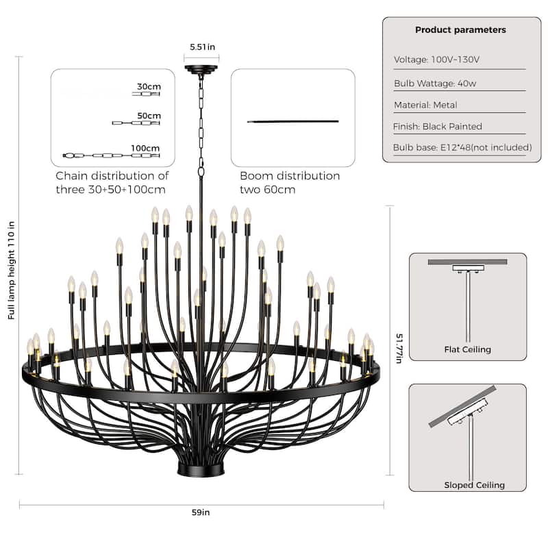 Rustic Industrial Farmhouse Chandelier - 48/96-Light Adjustable Black Candle Pendant Light for High Ceilings, Dining Room
