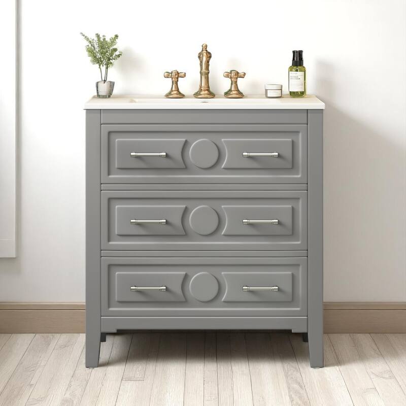 30" Bathroom Vanity with Ceramic Sink, 3 Drawers, Solid Wood Frame,Retro Cabinet, Pre-Drilled for 4" Faucet, Storage Organizer - Gray - 30" Ceramic,Solid Wood+MDF
