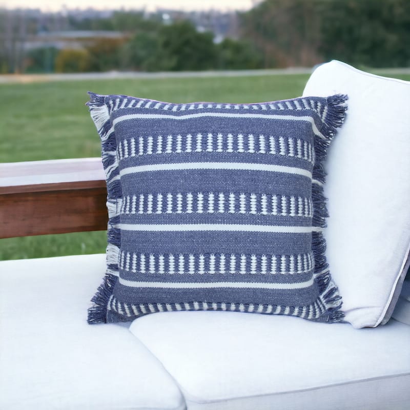 HomeRoots 20" Blue and White Striped Indoor Outdoor Throw Pillow With Fringe - 20