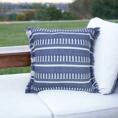 HomeRoots 20" Blue and White Striped Indoor Outdoor Throw Pillow With Fringe - 20