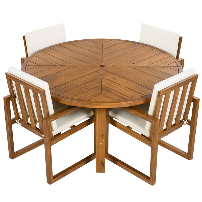 5-Piece Outdoor Acacia Wood Round Dining Set with 4 Armchairs, Cushion