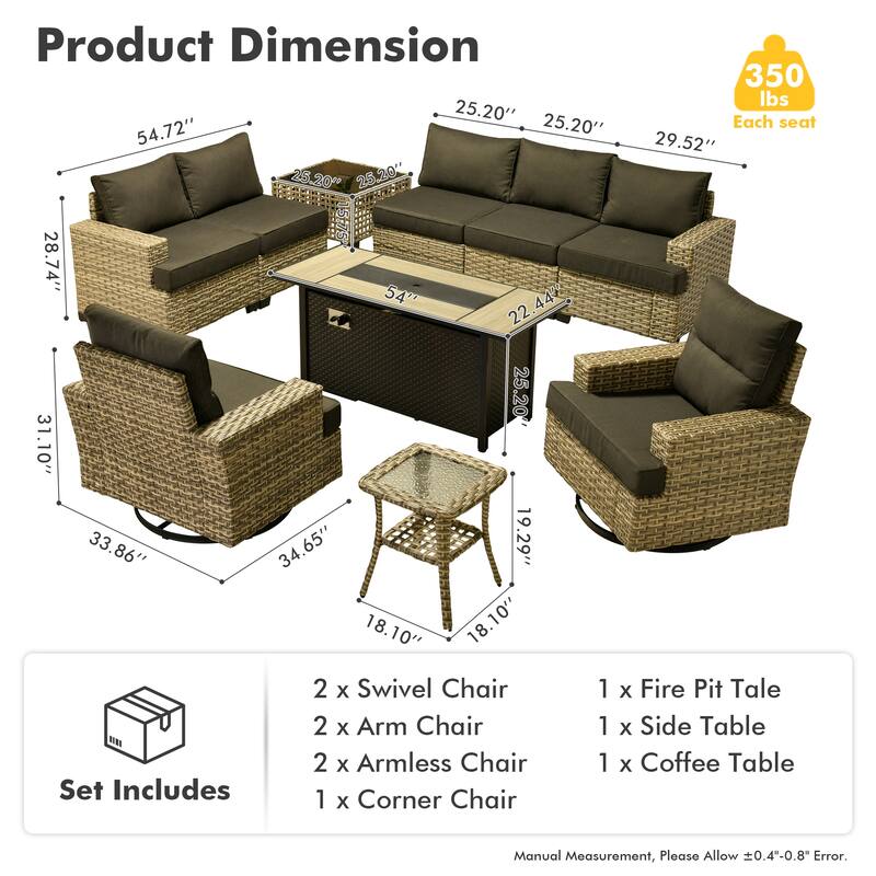 HOOOWOOO 10-piece Rattan Wicker Patio Outdoor Furniture Fire Pit Set with Swivel Rocking Chairs