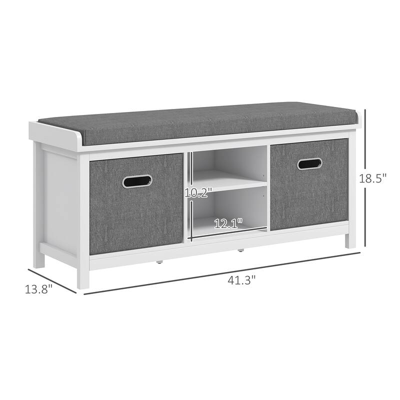 Upholstered Seat Storage Bench with Adjustable Shelves, White Gray Shoe Bench Entry Footrest Bench with Fabric Drawer