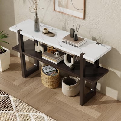 Elegant Console Table with Marble-Effect Top and Versatile Storage Solutions for Entryway and Living Room