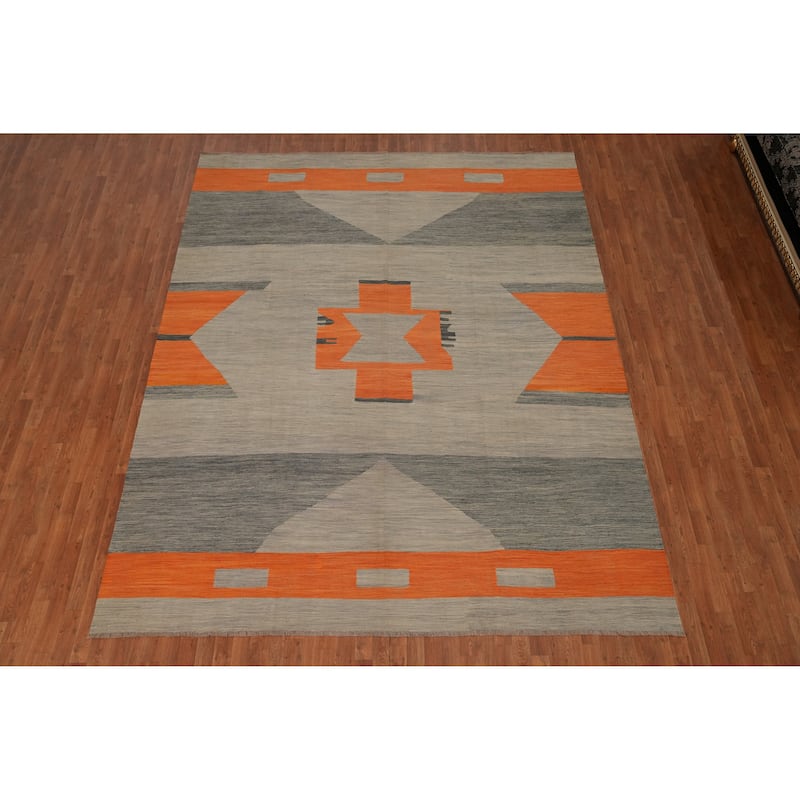 Hand Woven Southwestern Wool Grey Geometric Area Rug - 11' 10'' X 9' 4''