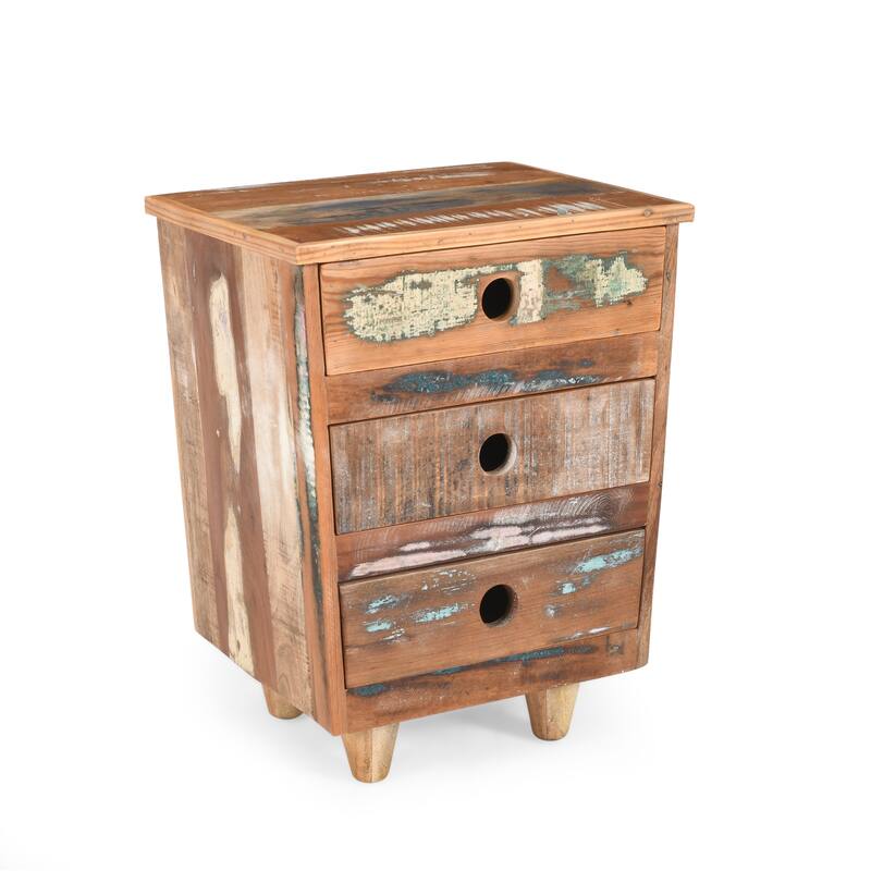 End Table Recycled Wood Nightstand, Side Table With 3 Drawers