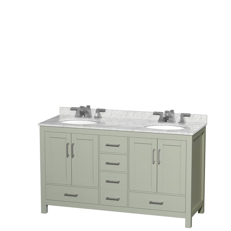 Wyndham Collection Sheffield Double Vanity Set - 60-Inch Double - Light Green, White Carrara Marble Top, Nickel Trim