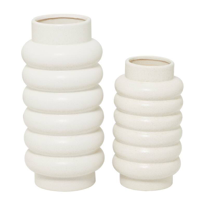 CosmoLiving by Cosmopolitan Ceramic Vases with Eye-Catching Ring Ribbing (Set of 2) - Yellow, White, Dark Blue
