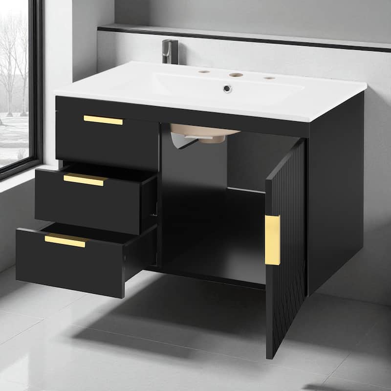 30-Inch Wall Mounted Bathroom Vanity with Sink, Modern Floating Cabinet with Soft-Close Door and Drawers