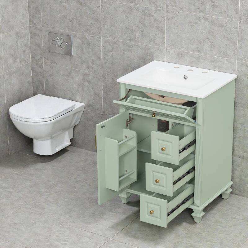 24 Inch Bathroom Vanity with Ceramic Sink, White Freestanding Vanity Cabinet with Flip-Out Drawer and Storage