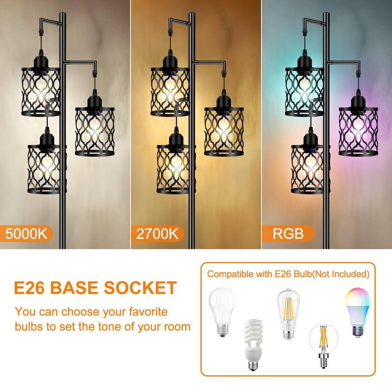 Industrial Floor Lamp, Metal Farmhouse Floor Lamp for Living Room, Rustic Standing Tall Lamp with 3 Elegant Cage Heads - Black