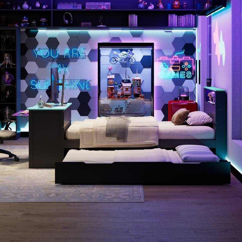 Wood Daybed with Trundle & Built-in Desk, LED Lights & USB Charging Port, Available in Full or Twin