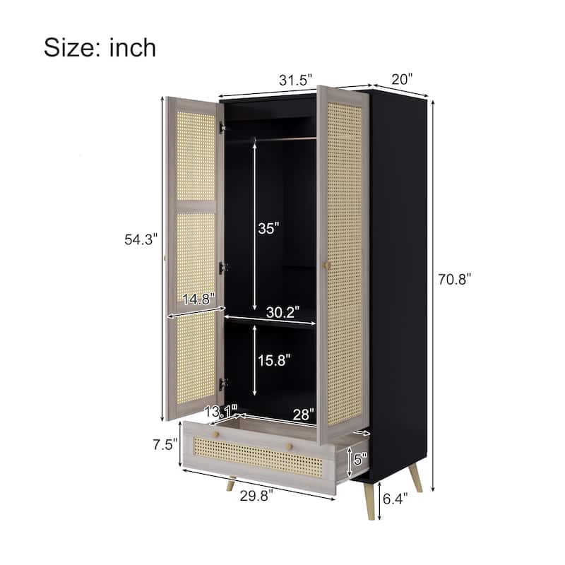 Tall Armoire Wardrobe Closet with 2 Rattan Doors 1 Drawer - 4-Tier