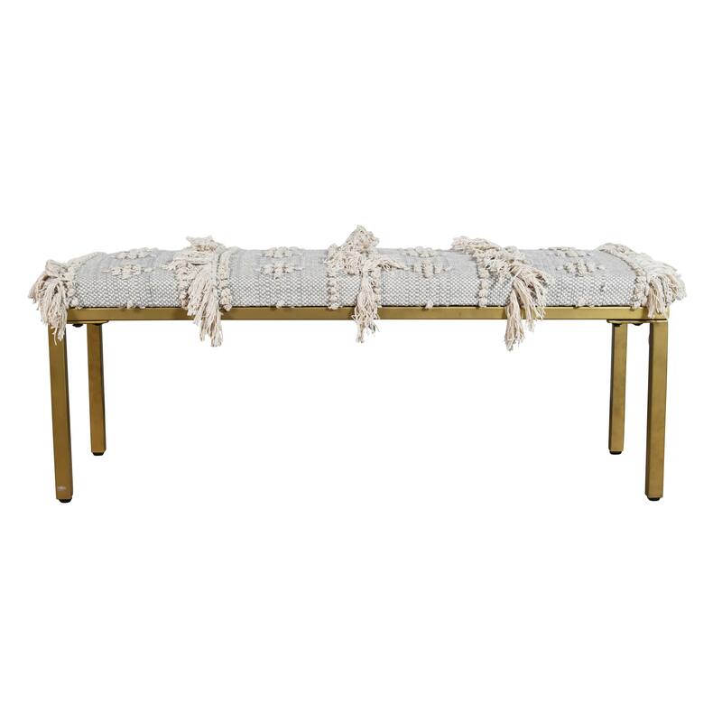 HomeRoots 47" Gray Ivory and Gold Geometric Cotton Upholstered Bench - 47' X '18' X '16