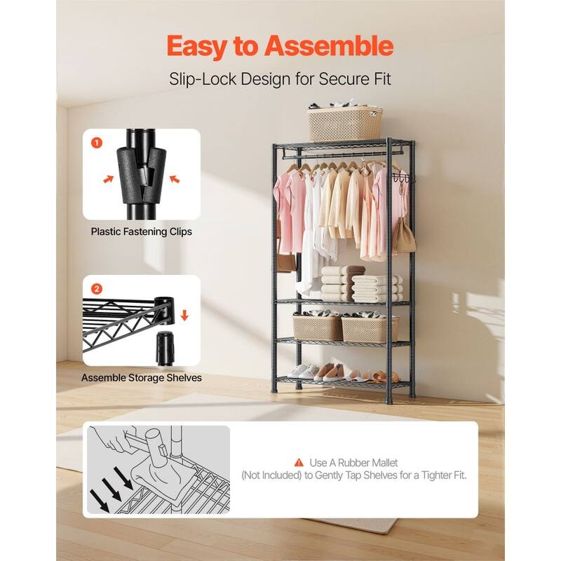 Black Carbon Steel Clothes Rack with 4 Adjustable Shelves 8 Hooks and Hanging Rod for Closet - 30 x 14.02 x 76.38 in