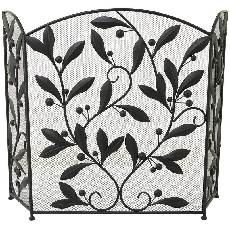 Black Metal Foldable 3 Panel Scroll Fireplace Screen with Leaf and Vine Relief