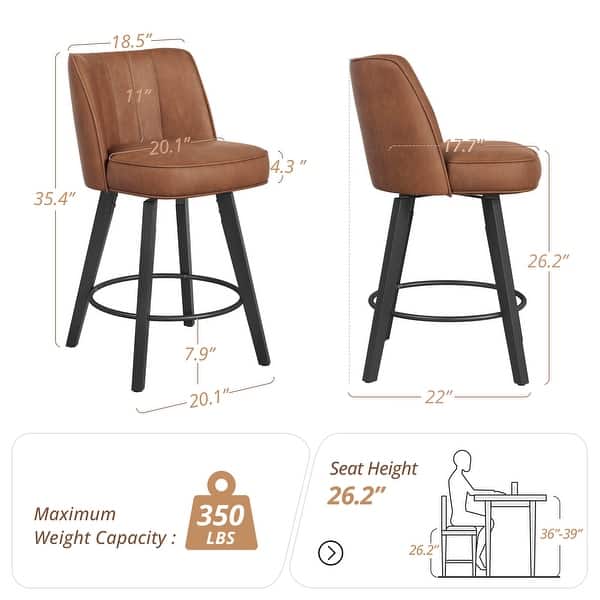 dimension image slide 1 of 5, 26.in Swivel Bar stool PU Leather/Fabric Upholstered Counter Stool, High Back Armless Stool with Wooden Legs