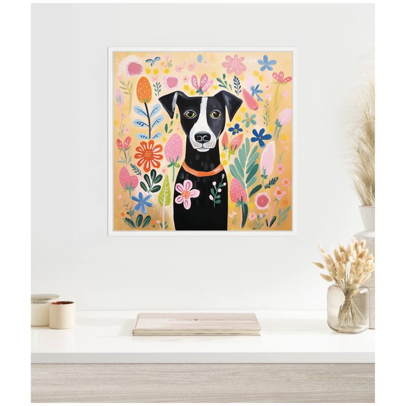 Kate and Laurel Sylvie Black and White Dog Botantical Yellow Framed Canvas by The Creative Bunch Studio