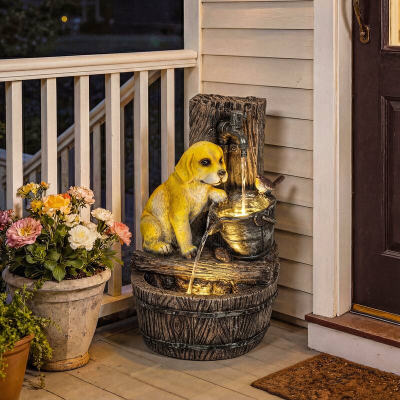Outsunny 22" Outdoor Fountain with 3-Tier Puppy Theme, Cascading Waterfall Feature with LED Lights and Adjustable Flow