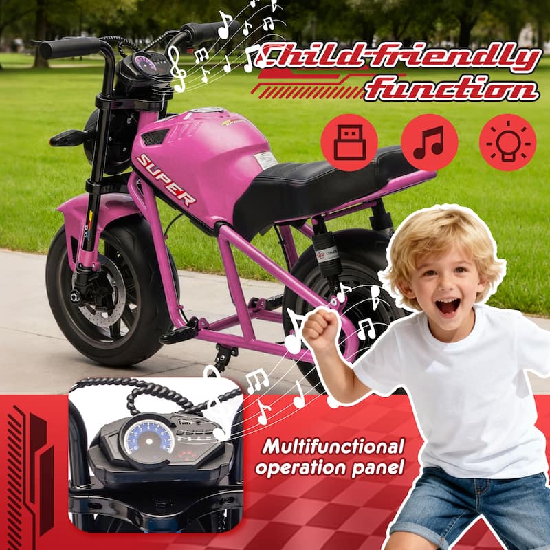 Simple Electric Bike Pink Kids Electric Motorcycle 24V Ride-On Motorcycle with Built-in Music & LED Lights
