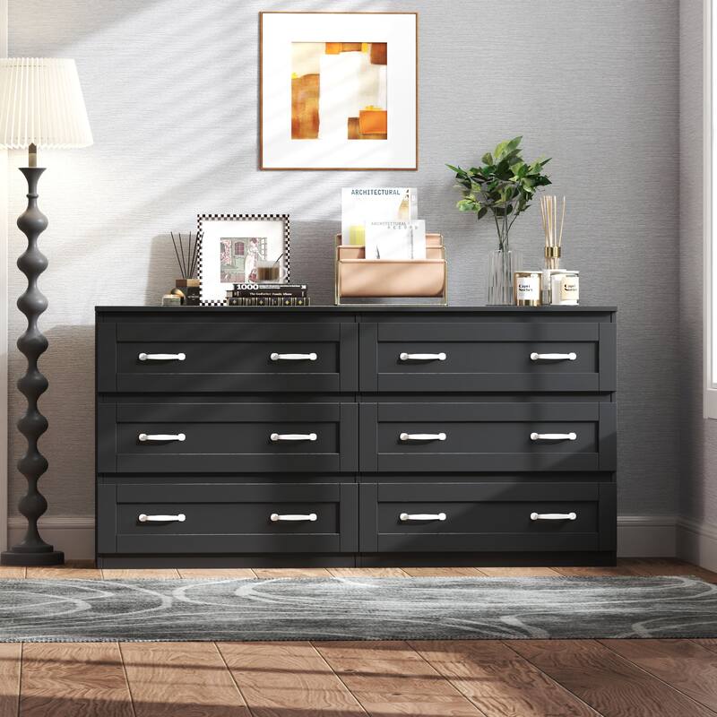 Modern white side cabinet with 6 drawers , Wood Chest of Drawers with Metal Handle, Storage Organizer ，Bedroom or Hallway - Black
