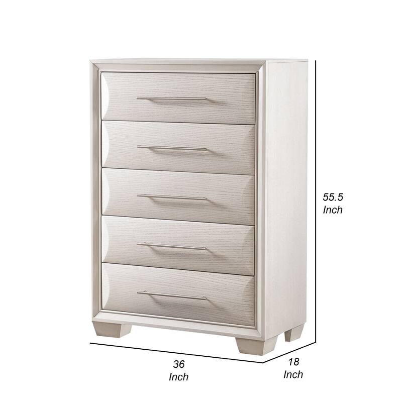 Nitz Tall Dresser Chest, 5 Drawers, White Solid Wood, Metal Handles