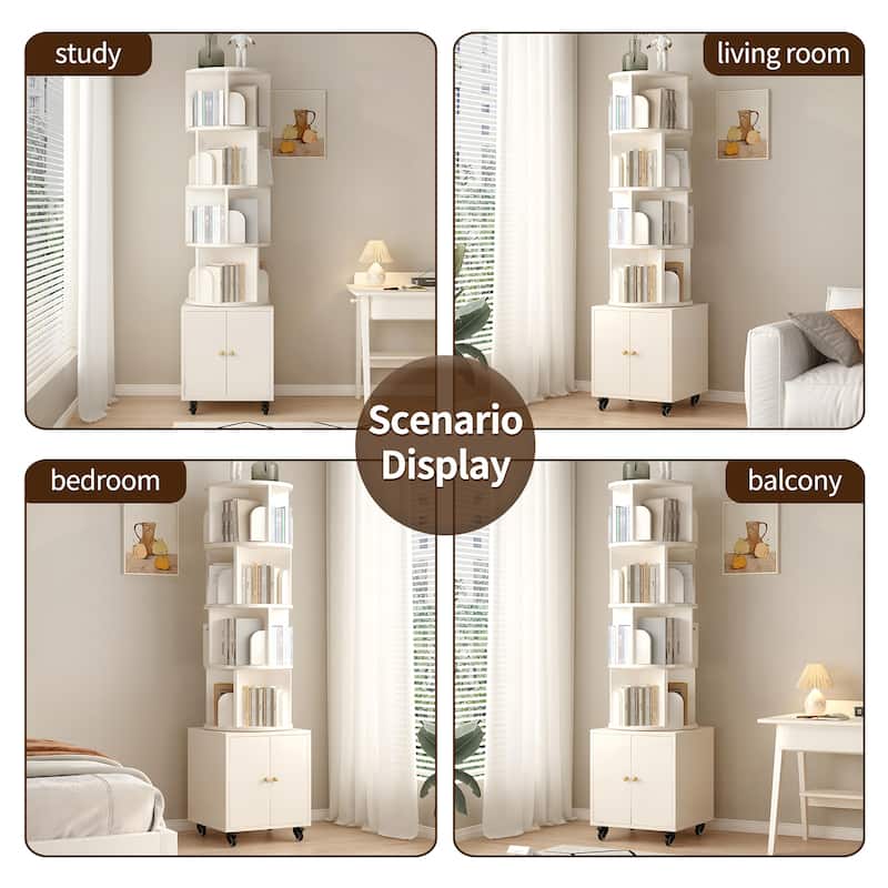 Anmytek 360 Rotating Corner Bookshelf with Wheels Space Saving Storage for Small Rooms