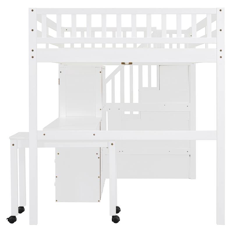 Multifunctional Full Size Loft Bed with Stairs, Bookshelf, Drawers, Desk & Wardrobe - White
