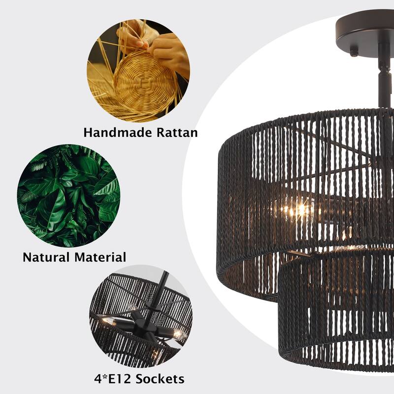 Starsky 4-Light 2-Tier Rattan Semi Flush Mount Ceiling Light