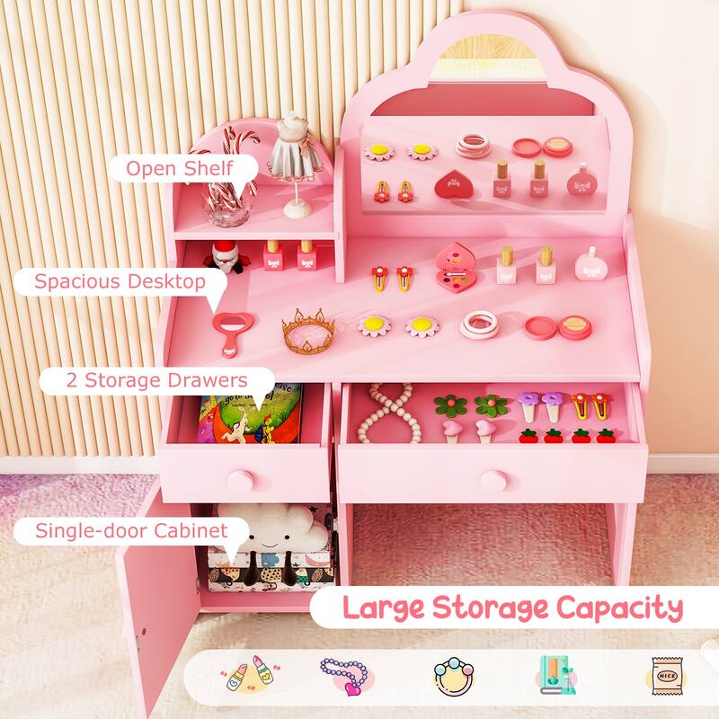 Children's Vanity Table and Stool Set with Mirror and Drawers Cabinet for Bedroom or Playroom - 31.5" x 16" x 38.5" (L x W x H)