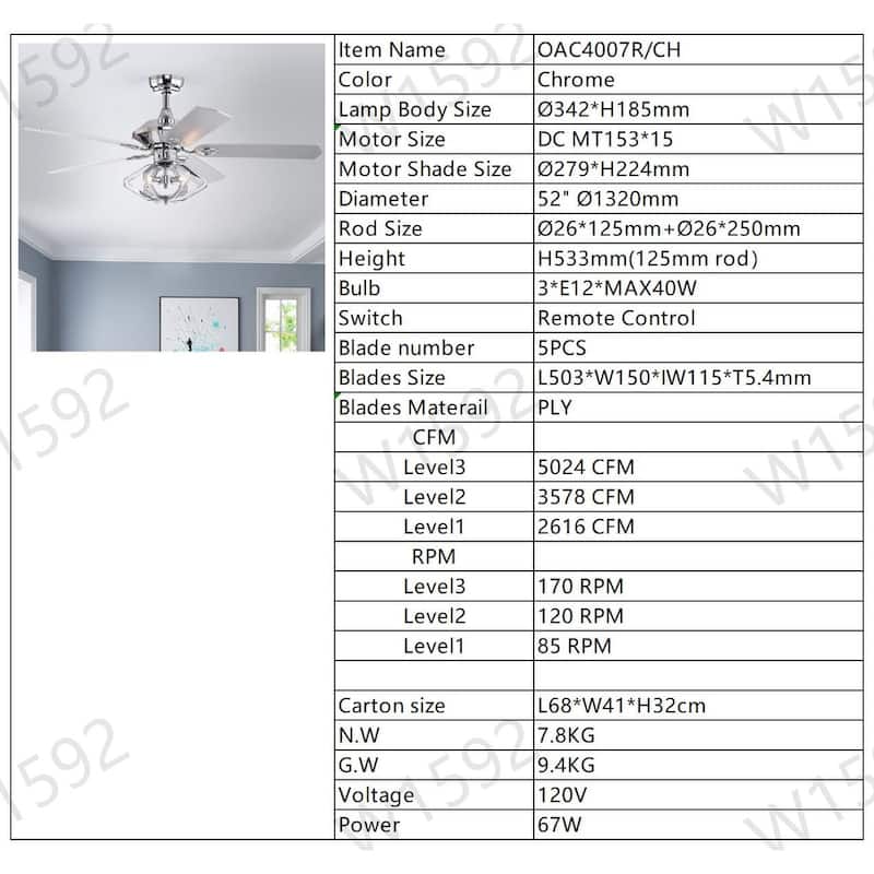 52" Dual Wood 5-Blade Crystal Ceiling Fan with Remote
