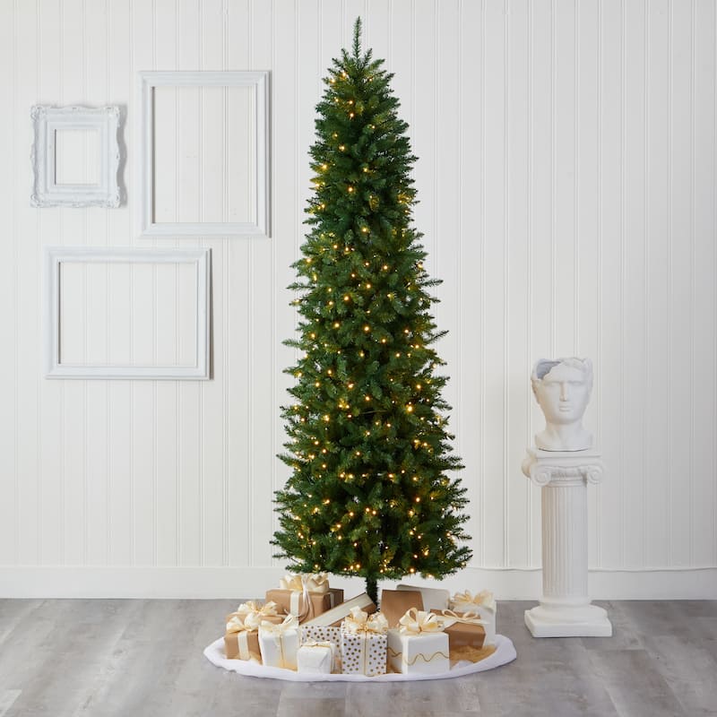 7.5’ Pre-Lit Green Slim Mountain Pine Artificial Christmas Tree, Clear LED Lights - 7.5 Foot