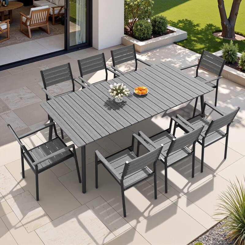 Outdoor 9-piece Patio Dining Set Aluminum Dining Table with Umbrella Hole and Chairs - Dark Grey