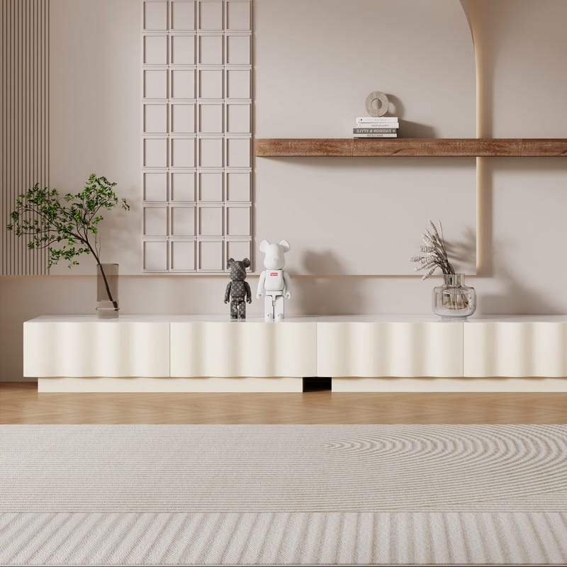 Modern Cream TV Stands with 3-6 Drawers, White Media Console with Glossy Sintered Stone Tabletop - 118“