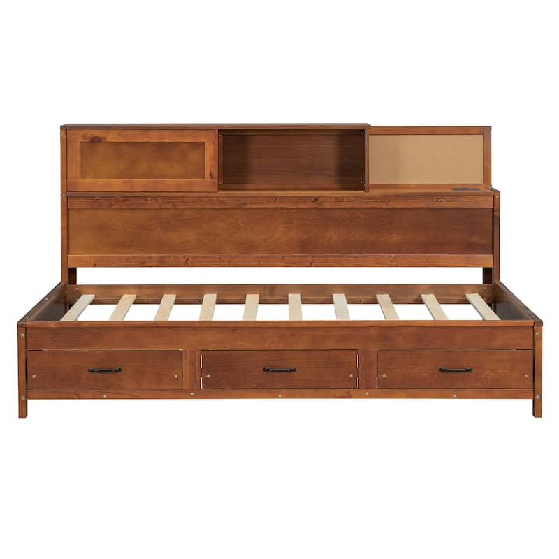Twin Size Wooden Daybed with Storage Drawers, USB Ports, and Shelf, Walnut Finish