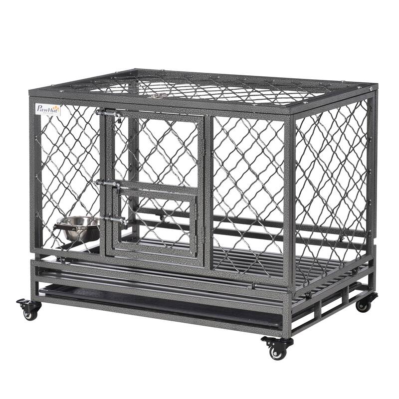 Modern Dog Crate Dog Kennel and Cage Dog Playpen with Lockable Wheels Slide-out Tray and Double Door Dog House