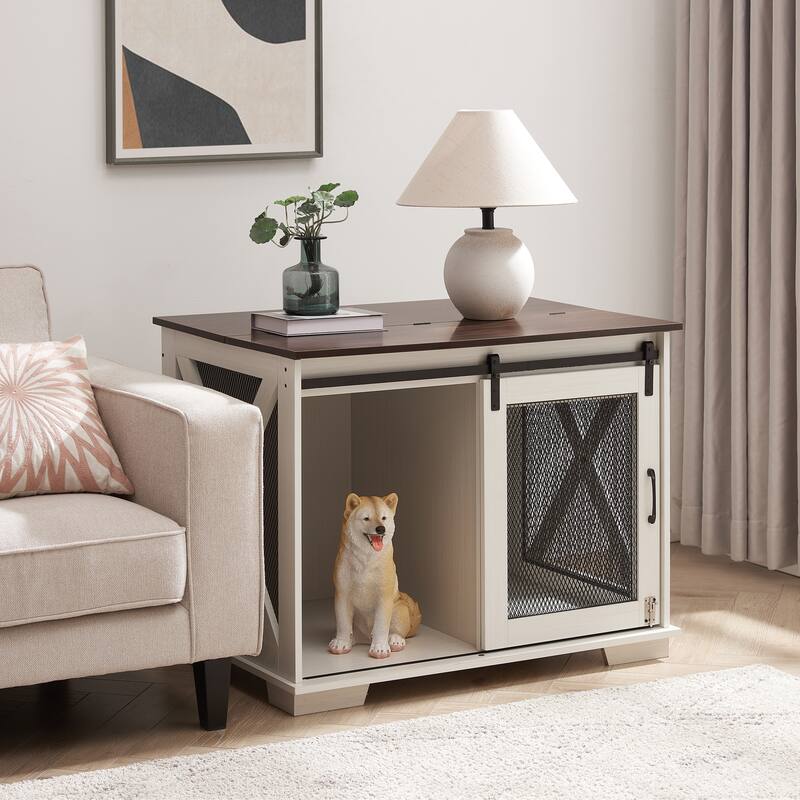 Flip-Top Plate Dog House Dog Cage Crate Furniture with Sliding Barn Door, Dog Kennel End Table with Detachable Divider
