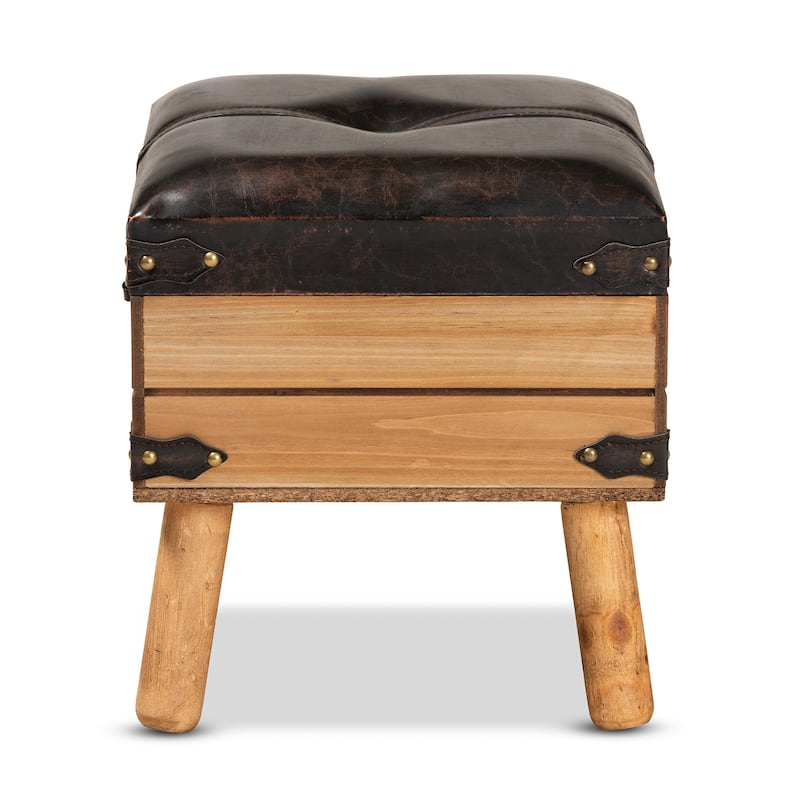 Amena Dark Brown PU Leather and Oak Wood Small Storage Ottoman