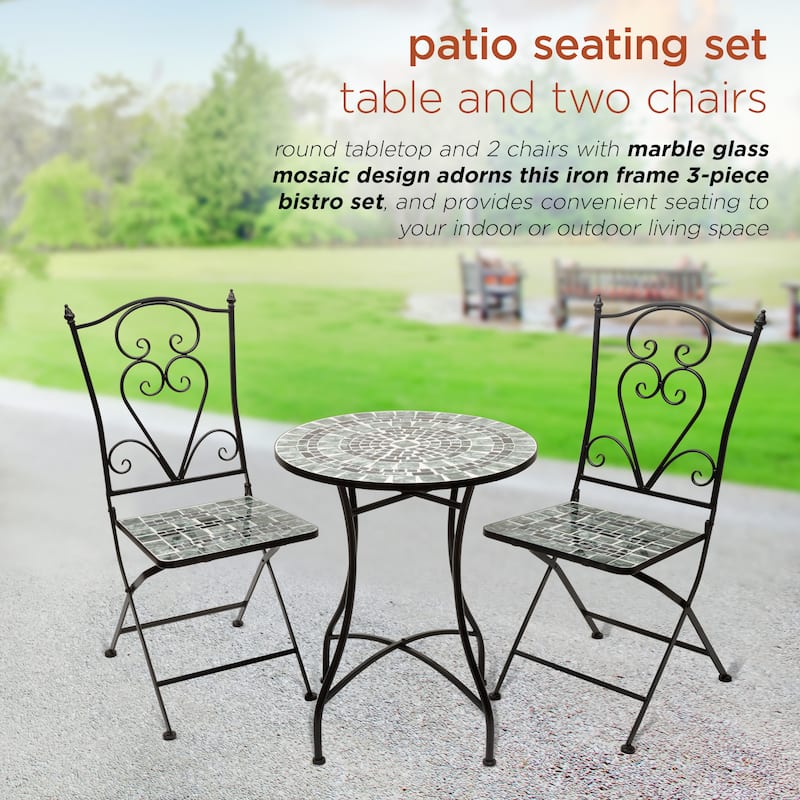 Alpine Corporation Indoor/Outdoor Marbled Glass Mosaic 3-Piece Bistro Set Folding Table and Chairs Patio Seating